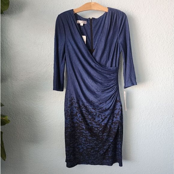 Kay Unger faux wrap ruched side and back midi dress - Picture 2 of 15